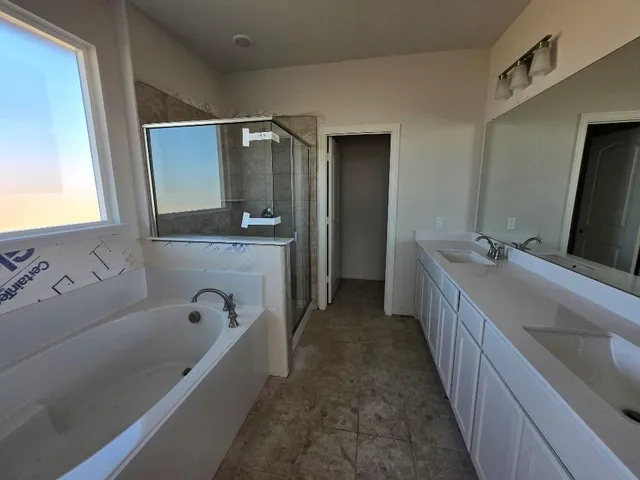 a bathroom with a tub sink and mirror