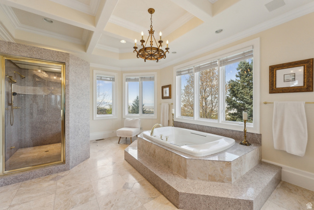 1714 Ridge Point Drive Bountiful, UT 84010 - Photo 67 of 132 Soaking tub with stepped surround, multiple windows, coffered ceiling, chandelier, and a glass-enclosed shower