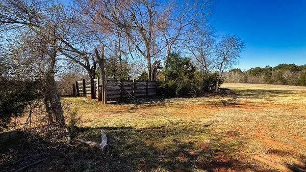 a view of large tree with wooden fence