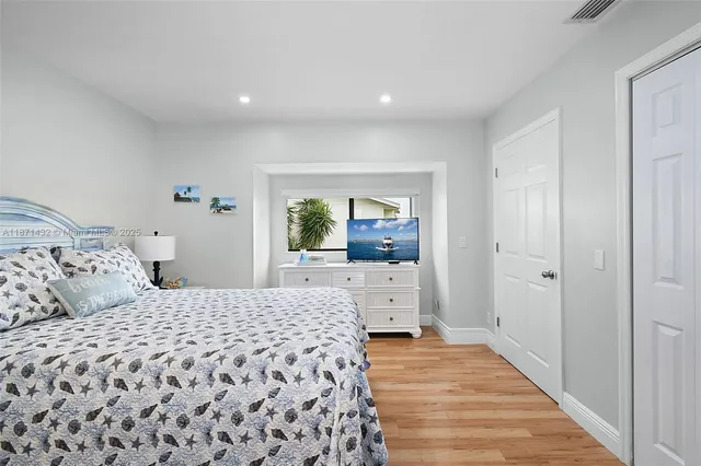 a bedroom with a bed and a flat screen tv