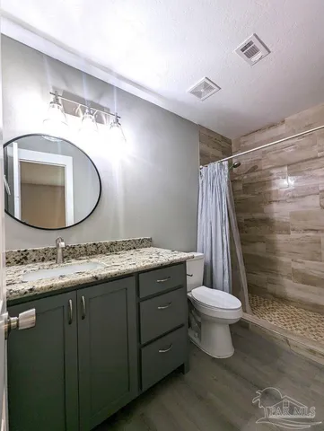 a bathroom with a sink toilet a mirror and vanity