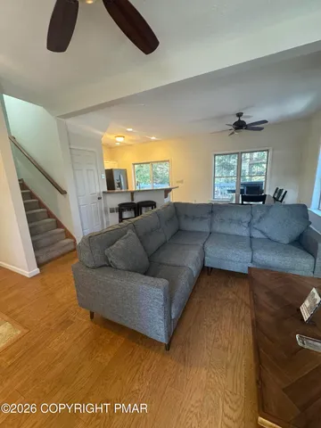 a view of a dining room with furniture