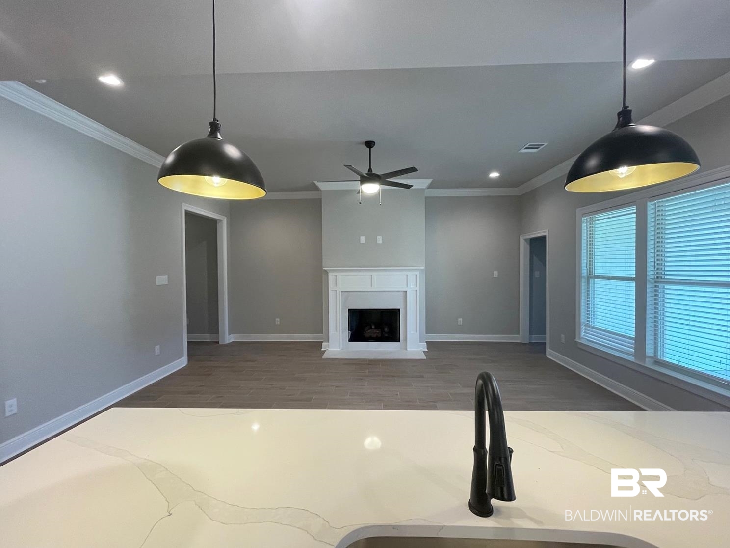 1392 Fenton Circle Foley, AL 36535 - Photo 4 of 17 Kitchen with ceiling fan, sink, dark wood-type flooring, crown molding, and decorative light fixtures