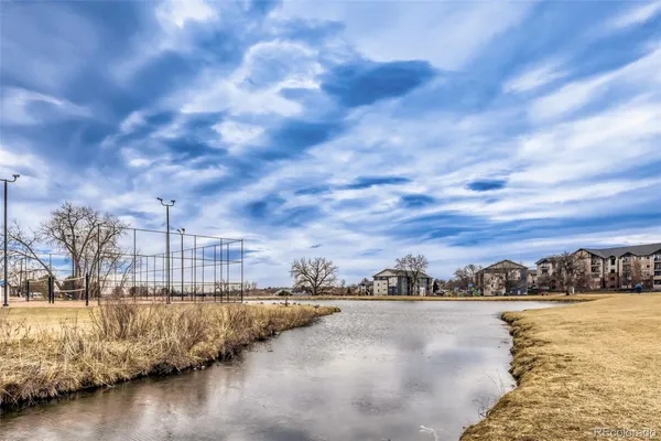 a view of a lake with a city