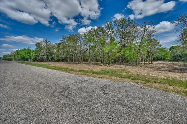 a view of a field with trees in background