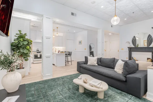 a living room with furniture and a potted plant