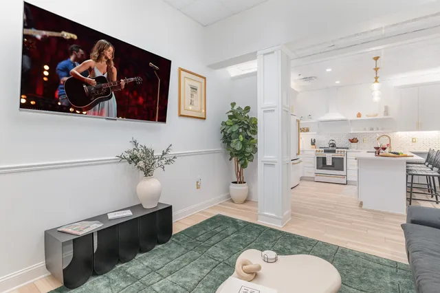 a living room with furniture and a potted plant