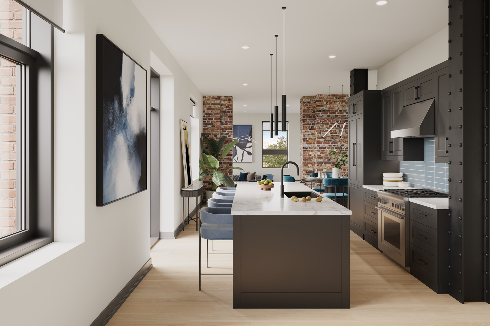 1356 West Chestnut Street, Unit 203 Chicago, IL 60642 - Photo 3 of 15 a kitchen with stainless steel appliances kitchen island a sink stove and refrigerator