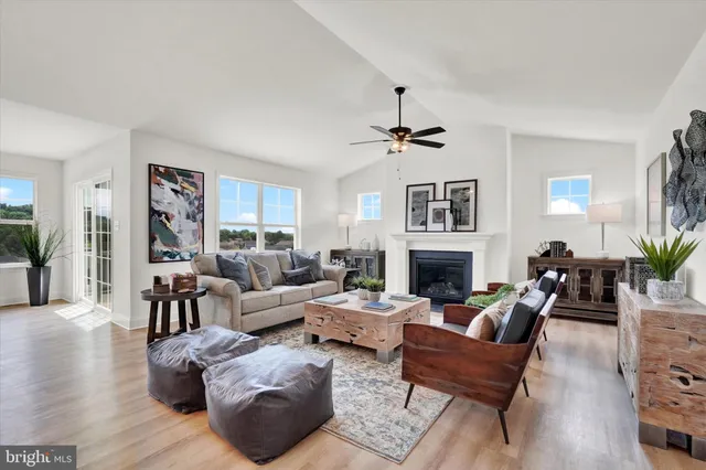 a living room with furniture a fireplace and a large mirror