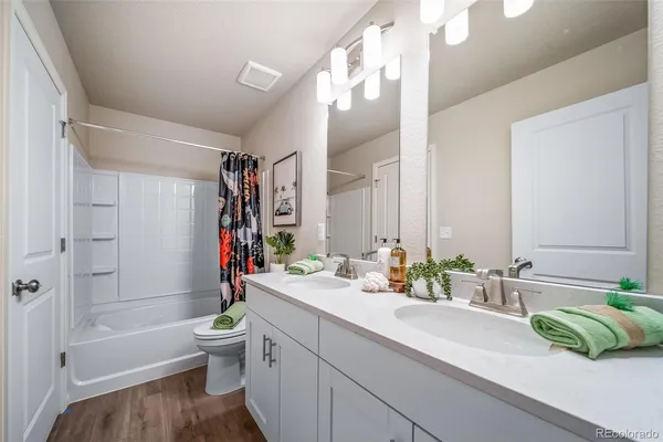 a bathroom with a double vanity sink toilet and shower