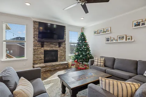 a kitchen with a stove and cabinets