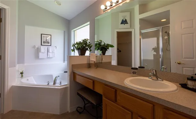 a bathroom with a bathtub and a shower