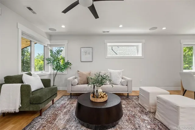 a living room with furniture potted plant and window