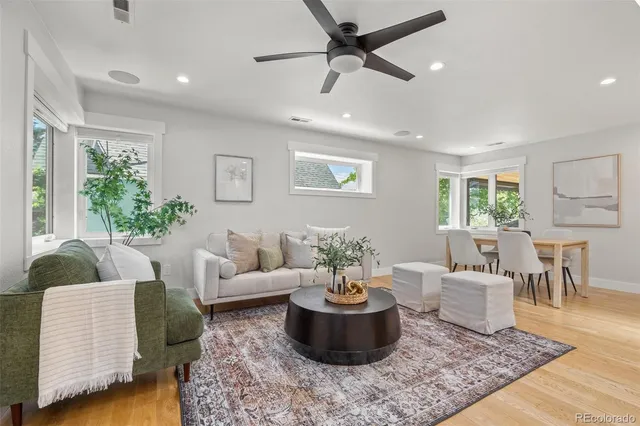 a living room with furniture and a potted plant