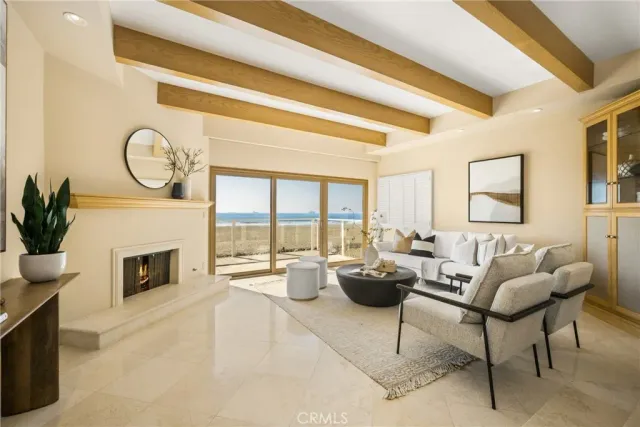 a living room with furniture a fireplace and a potted plant