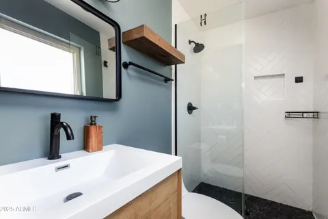 a bathroom with a sink a toilet and shower