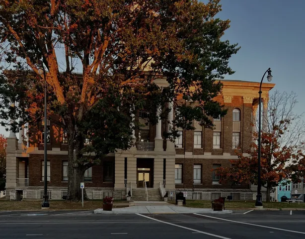 front view of a building with a street