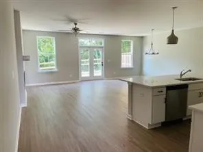 a kitchen with a sink cabinets and wooden floor
