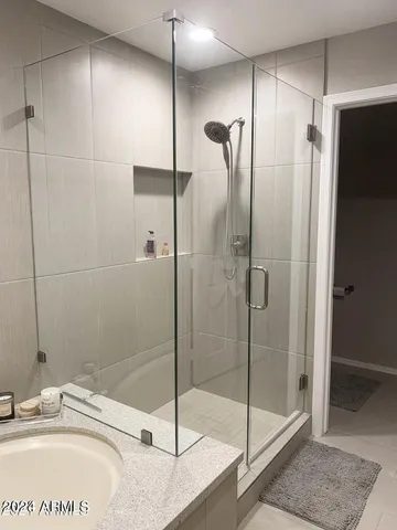 a bathroom with a shower and a sink