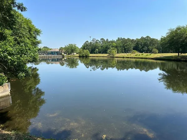 a view of a lake with houses in the background
