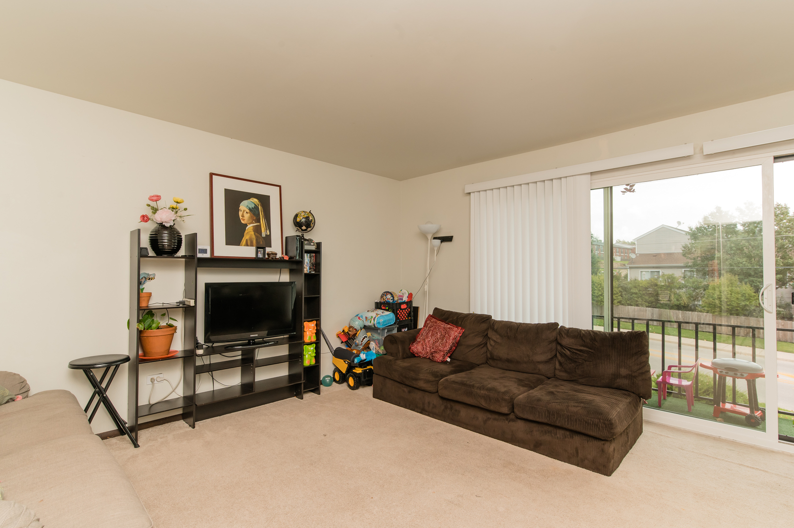 765 Terrace Court, Unit 206 Elgin, IL 60120 - Photo 8 of 31 a living room with furniture a flat screen tv and a floor to ceiling window