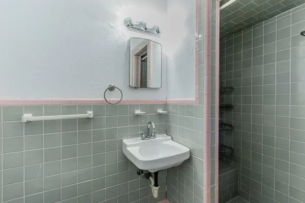 a bathroom with a sink a mirror and shower