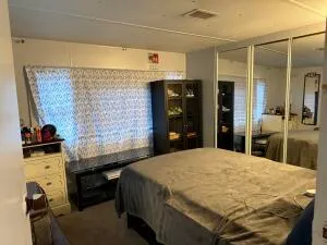 a bedroom with a bed and wooden floor