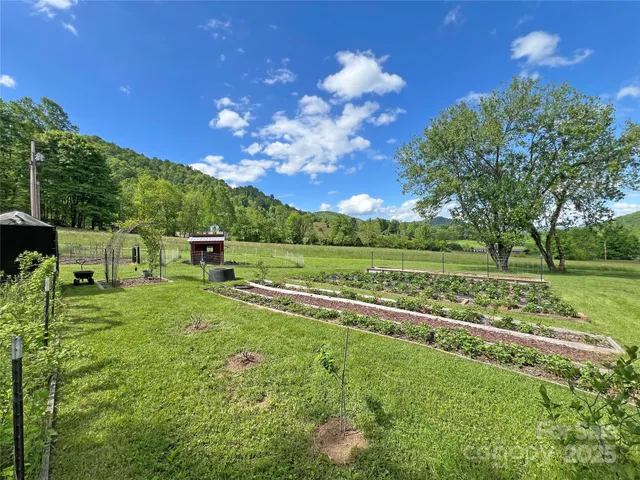 a garden view with a swimming pool