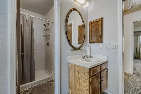 a bathroom with a sink a mirror and a shower