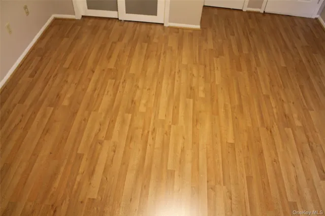 a view of an empty room with wooden floor and closet area