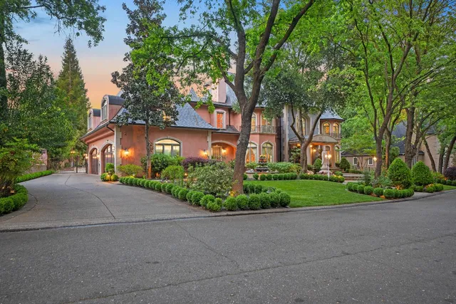 a front view of a house with a yard and potted plants