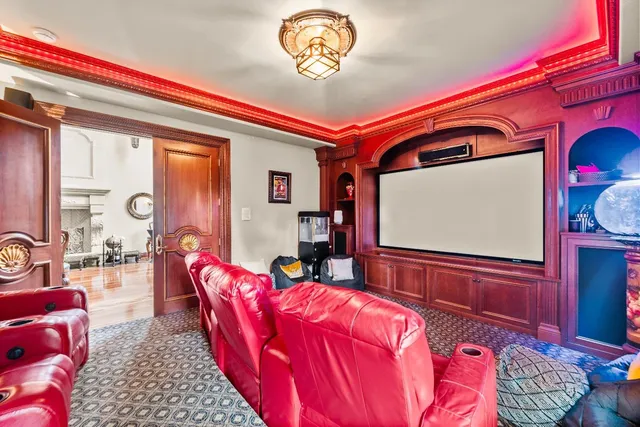 a view of a park with iron fence