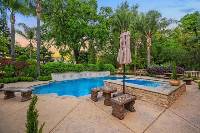a view of swimming pool with lawn chairs and plants