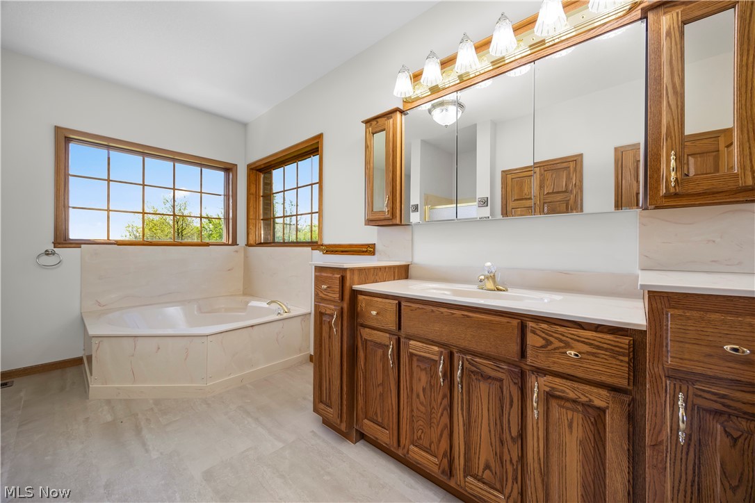51488 Peck Wadsworth Road Wellington, OH 44090 - Photo 34 of 50 Bathroom featuring a corner soaking tub with tile surround, two large grid windows, a double vanity with wood cabinetry, and a full-length mirrored medicine cabinet