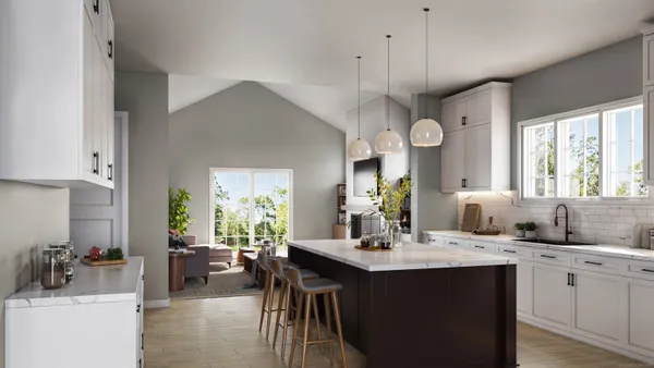 a kitchen with a sink dining table and chairs
