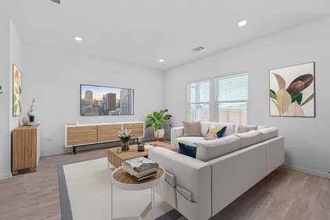 a living room with furniture and a potted plant