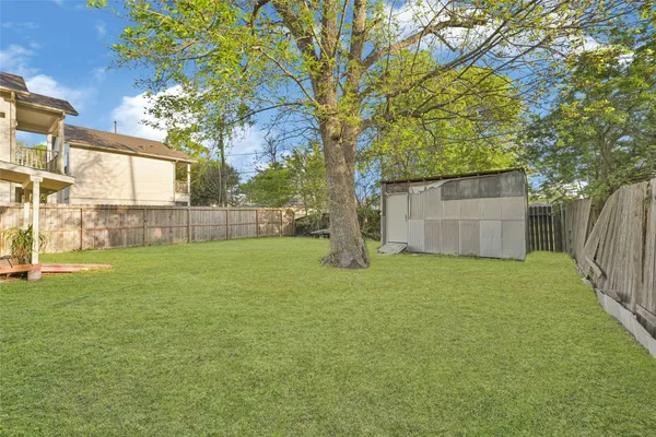 a backyard of a house with plants and large tree