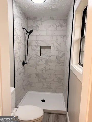 a bathroom with a shower and toilet