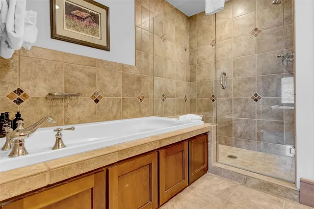 a bathroom with a granite countertop sink a shower and a mirror