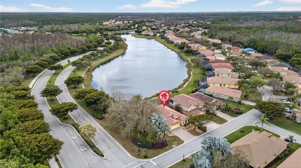an aerial view of a house with a garden