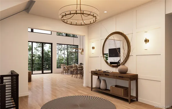 a living room with furniture a table and a large window