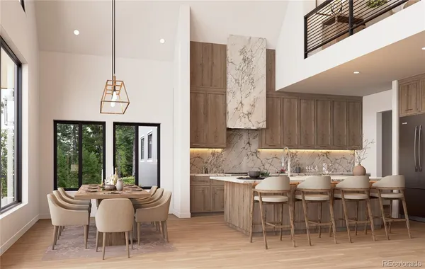 a kitchen with a dining table chairs and large window