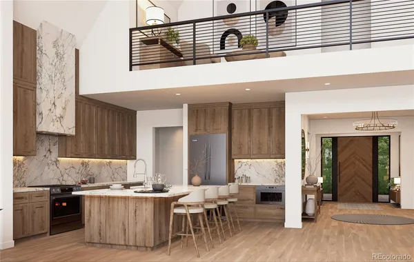 a kitchen with a stove cabinets and wooden floor