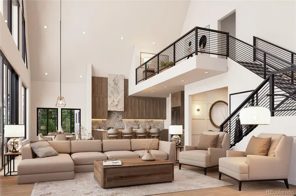 a living room with furniture a rug and a large window