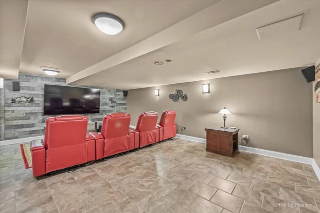 a backyard of a house with table and chairs