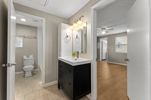 a bathroom with a sink a toilet and a mirror