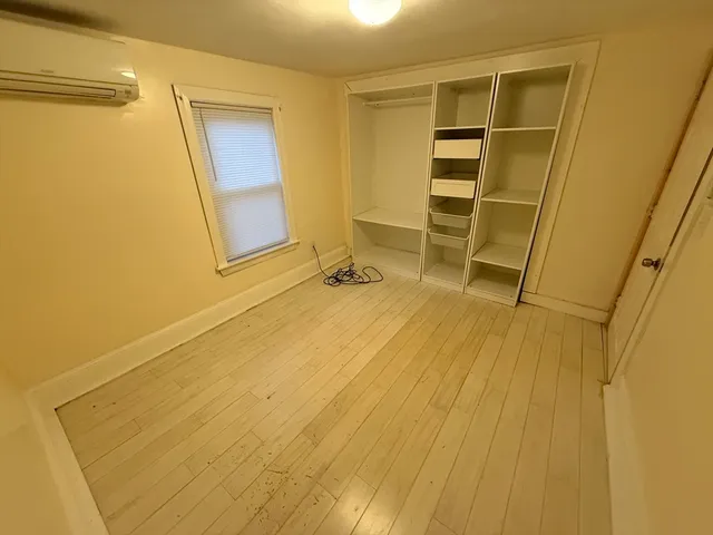 a room with a wooden floor and potted plant
