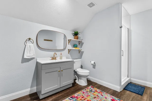 a bathroom with a sink toilet a mirror and vanity