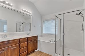 13117 Larks View Point Fort Worth, TX 76244 - Photo 19 of 26 a spacious bathroom with a granite countertop sink mirror and a shower