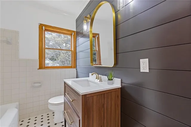 a bathroom with a sink a toilet and mirror